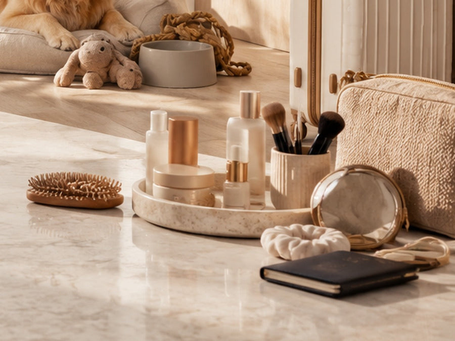 Everyday beauty accessories, brush, mirror and neutral skincare organizers