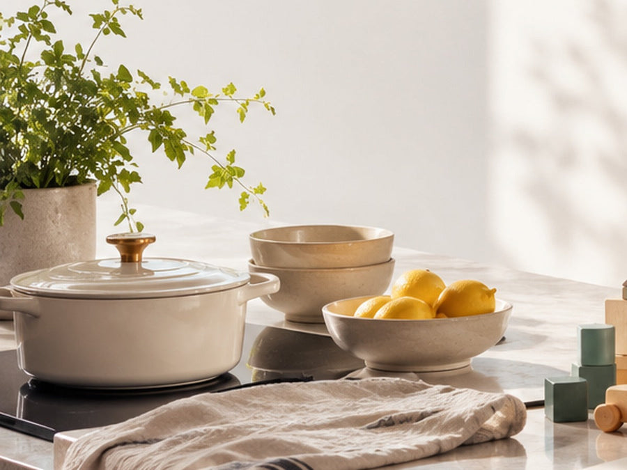 Warm neutral kitchen essentials, ceramics, utensils and storage details