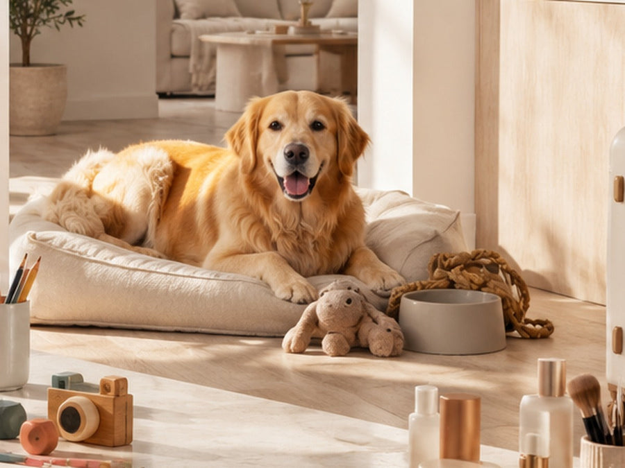 Comfortable pet bed, dog and pet toys in a calm home setting