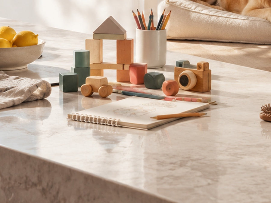 Wooden creative blocks, drawing tools and playful activities on a bright floor