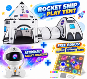 Galaxy Adventure bundle contents with rocket ship tent, astronaut projector and glowing drawing board