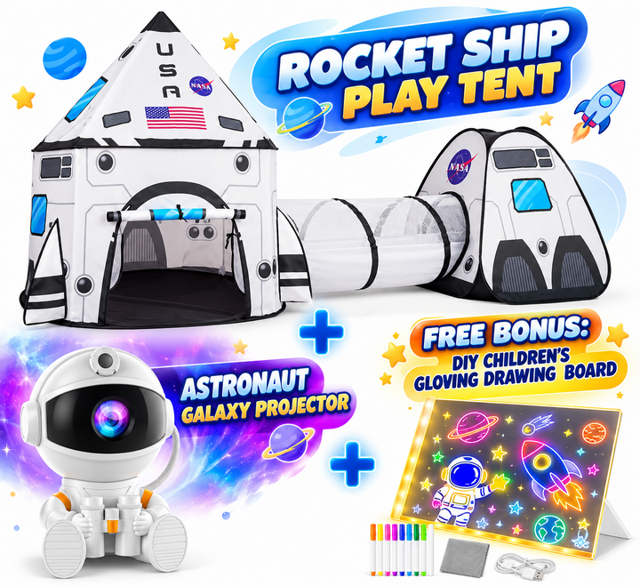 Galaxy Adventure bundle contents with rocket ship tent, astronaut projector and glowing drawing board